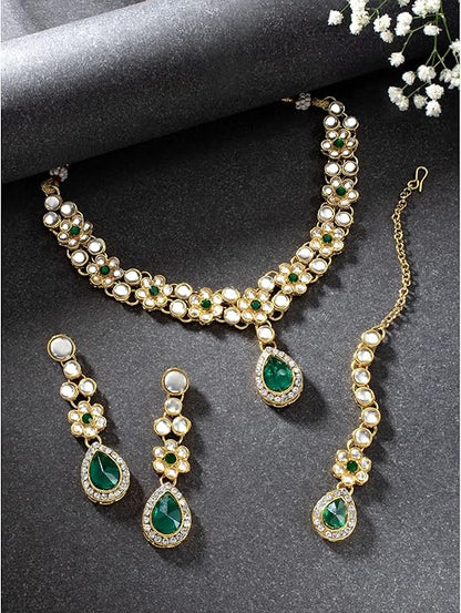 Aheli Traditional Gold Plated Kundan Beads Studded Choker Necklace Dangle Earrings & Maangtikka Set Ethnic Fashion Jewellery Gift for Women