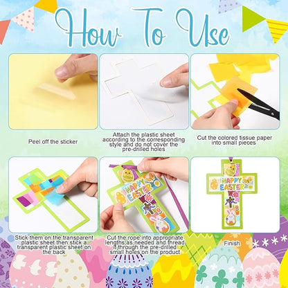 Tinlade 24 Set Happy Easter Suncatcher Craft Kit Religious Cross Suncatcher Craft Window DIY Tissue Paper Suncatcher Decoration Ornament for Easter Holiday Activities Sunday School VBS Party Favors