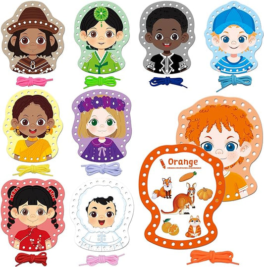 9 Pieces Happy Face Lacing Cards, 9 Double Sided Color Sewing Cards with 9 Colorful Laces, Educational & Learning Activity Games, Imagination Development Lacing Toys for Preschoolers, Kids