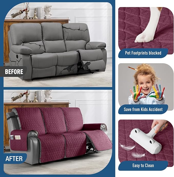 TAOCOCO 100% Waterproof Recliner Sofa Cover-Non Slip Split Couch Covers for Reclining Couches with Elastic Straps,Couch Covers for 3 Cushion Couch Sofa Pet Friendly(Wine, 3 Seater)