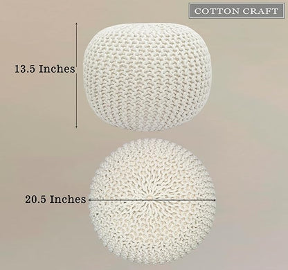 COTTON CRAFT Round Dori Pouf - Cotton Braid Cord Cable Knitted Ottoman - Foot Stool Footrest Floor Pouf Accent Furniture Bean Bag - Living Room Dorm Décor - 20.5 Dia x 13.5 High - Round Ivory Cream