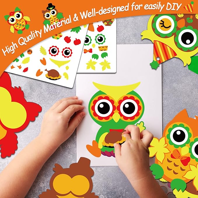 chiazllta 30 Packs Thanksgiving Fall Craft for Kids Thanksgiving Owl DIY Art Craft with Fall Autumn Leaves Pumpkins Stickers Make Your Own Owl Set for Kindergarten Home Class Game Activities