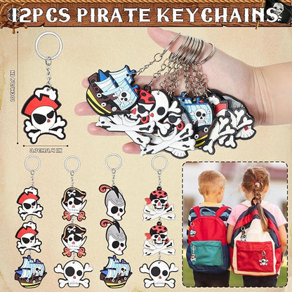 12 Sets Pirate Party Favors Birthday Supplies for Boy Kid, Drawstring Bag Silicone Bracelet Tattoo Sticker Keychain Pirate Pinata Filler Goodie Bag Stuffers Pirate Birthday Favors Party Supplies