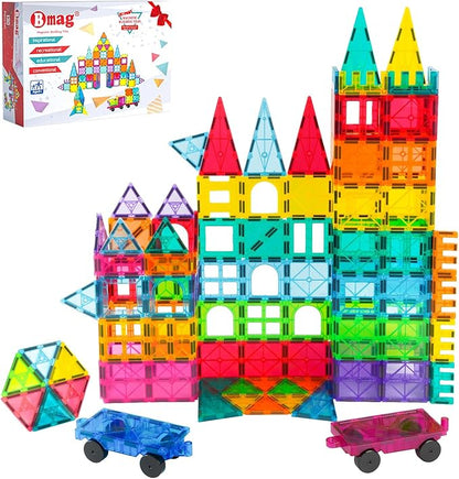Bmag 130PCS Magnetic Tiles Building Blocks with 2 Cars | 3D Clear Magnet Blocks | STEM Preschool Toys for 3-9+ Kids | Christmas & Toddler Gift | Compatible with Major Brands