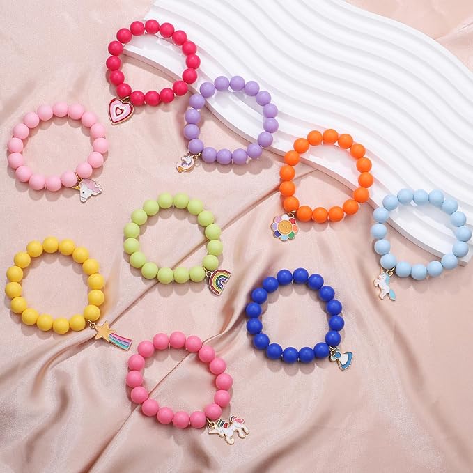 9Pcs Bead Bracelet for Kids Girls Colourful Beads for Kid Rainbow Sunflowers Unicorns Pendant Beaded Bracelet for Party Favor