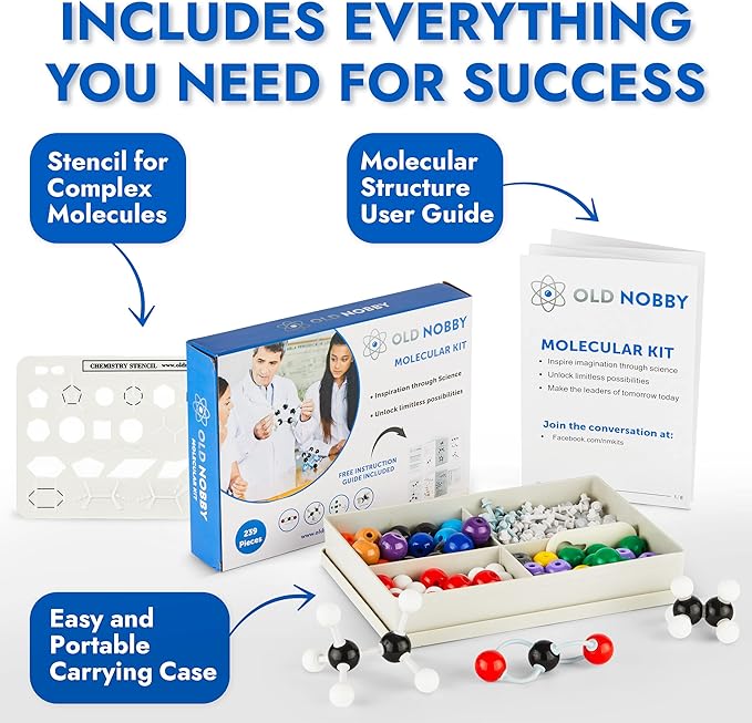 Old Nobby Lessons in Chemistry Model Kit - 239 Pc Molecular Model Kit Organic Chemistry for Students - Complete Molecular Model Kit, Chemistry Set for STEM, Visualizing Bonds and Structures