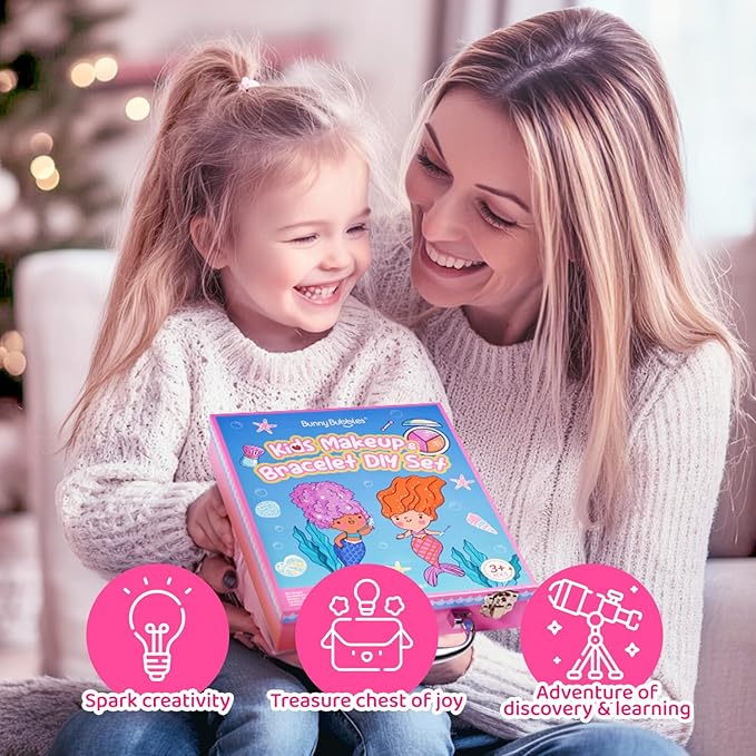 Kids Makeup Sets for Girls - Washable Real Cosmetics Set with Jewelry-Making for Children, Ocean Princess Dress-Up Makeup Bracelet Kits, Ideal Winter Birthday Gift for 4-12 Year Olds (Blue)