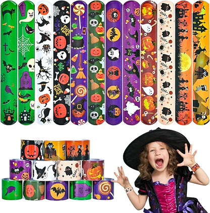 48pcs Halloween Slap Bracelets,Assorted Snap Bracelet Pumpkin Witch Wristbands for Kids Trick or Treat Halloween Party Favors Supply