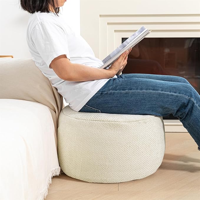 Pouf Ottoman Foot Rest Living Room Decor Floor Pouf Lightweight 20x12 Inches Modern Stuffed Poof Foot Stool Perfect Underdesk Foot Rest for Office (Cream)