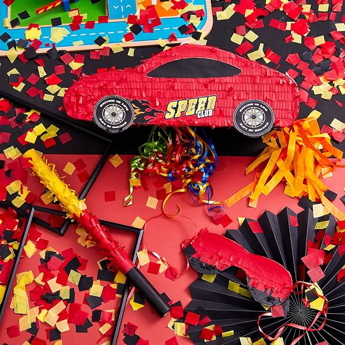 4 Pcs 15.7 Inch Race Car Piñata with Pull Strings, 3D Car Piñata with Blindfold Bat Confetti Double Sided, Race Cars Photo Booth Props for Boy Race Car Theme Birthday Baby Shower Party Supplies