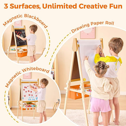 All-in-One Art Easel for Kids with 2 Paper Rolls & Deluxe Accessories, Adjustable Magnetic Double Sided Whiteboard & Chalkboard, Painting Kid Easel for Toddlers 2-8, Ideal Christmas Gift