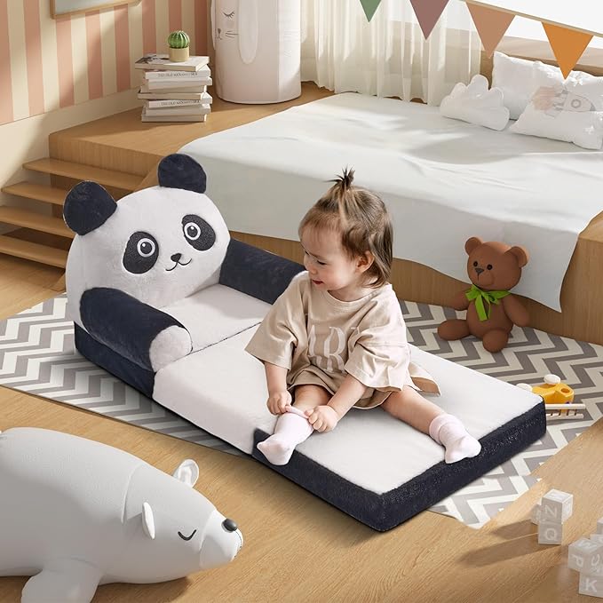 Kids Sofa Chair for Toddler, 2-in-1 Folding Soft Baby Couch with Removable Cover, Comfy Plush Children's Recliner, Convertible Floor Sofa Bed to Lounger for Girls Boys Age 1-3,Panda