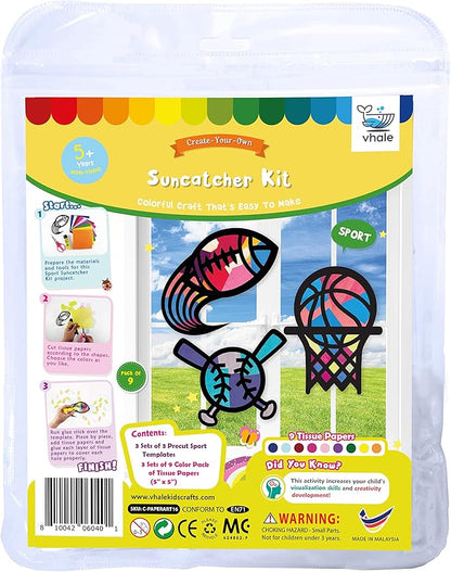 VHALE Suncatchers Craft 3 Sets (9 Cutouts) w Tissue Papers Stained Glass Effect Paper Sun Catcher Kit, Window Art, Classroom Crafts, Creative Art Projects, Kids Party Favors (Sport)
