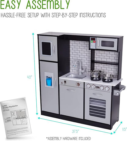 Lil' Jumbl Kids Kitchen Set, Pretend Wooden Play Kitchen, Battery Operated Icemaker, Burners, Faucet & Microwave Makes Realistic Sound & Light, Pots & Pan Included - Charcoal