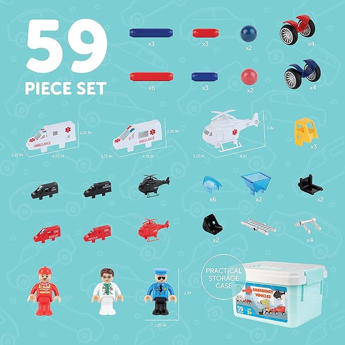 PLAY BRAINY Magnetic Emergency Vehicle Toy Set - 59Pcs Rescue Team & Car Toys for 3+ Year Old Boys & Girls for Safety & Disaster Management - Kids Toy Set with Fire Truck, Ambulance, Helicopter & More