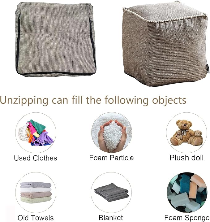 Louis Donné Unstuffed Pouf Ottoman Cover Footstool Square Poofy Ottomans for Storage Foot Rest Floor Cushion Cotton Fabric Decorative for Replacement with Pom Trim Lace 45x45(Only Cover)