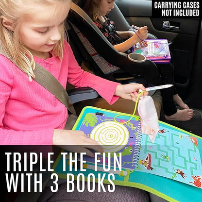 Kids Small Size Travel Educational Activity Books with Washable Markers (7"x7") - Car and Airplane Activities - Reusable Stickers for Ages 4, 5, 6 (Jungle, Ocean & Princess)