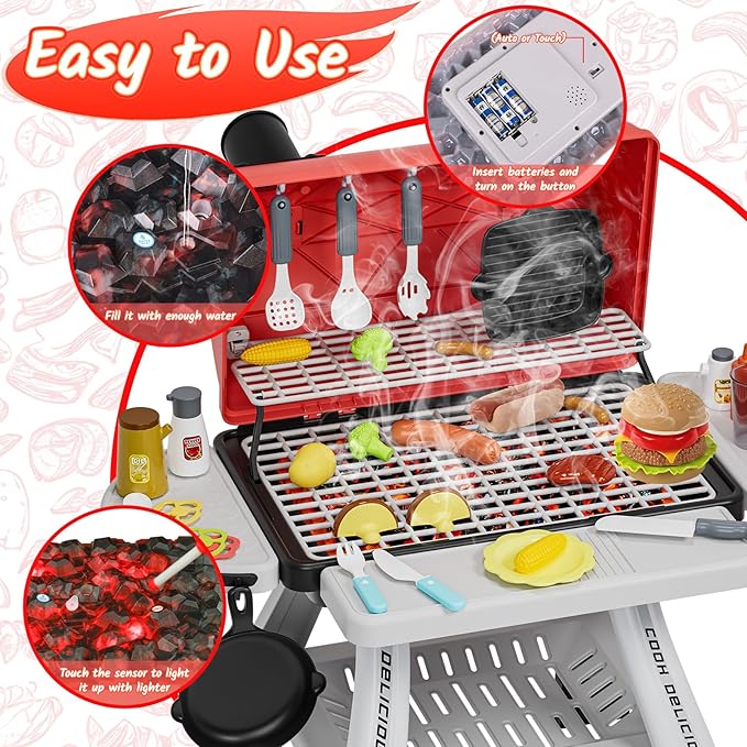 Kids Toys Kitchen Playset, Kids BBQ Grill Playset with Smoke, Sound & Light, Toy Grill for Kids, Pretend Play Food Hamburger, Interactive Toys Barbecue Cooking Game for Toddlers Boys Girls 3-5