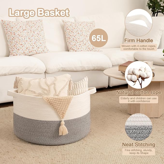 OIAHOMY Large Blanket Basket for Living Room, 19.7" x 12.6" Woven Cotton Rope Laundry Basket for Organizing Pillows, Decorative Stuffed Animal Toy Storage Bin for Nursery, White and Light Grey