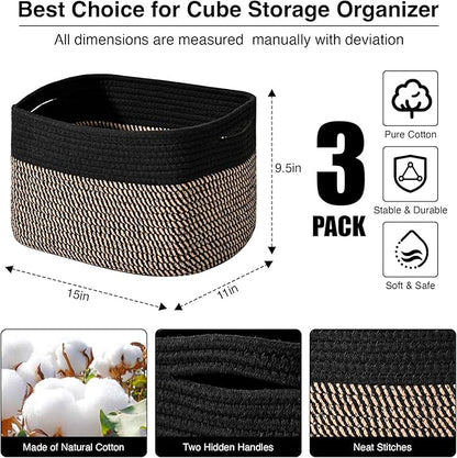 ICERZCZ Storage Baskets for Organizing Shelves, Toy Basket for Kid's Room, Woven Cotton Rope Basket for Decor, Organizing Baskets for Bedroom Living Room, 15"x11"x9.5", 3 Packs, Black & Jute