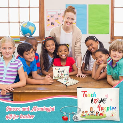 8 Pcs Teacher Appreciation Gift Set for Women, 4 Teacher Makeup Pouch Cosmetic Bags and 4 Bangle Bracelets, Christmas Valentines Thank You Gifts for Teacher (Teach Love Inspire)