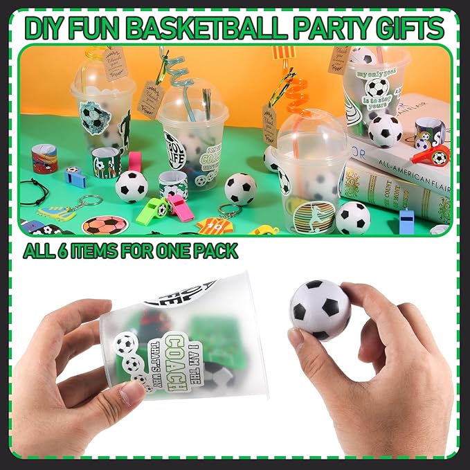 LiYiQ 158 Pcs Soccer Party Favors Soccer Party Supplies with Cup Straw Stress Ball Keychain Sticker Slaps Bracelets Whistle Thank You Tags for Soccer Birthday Decorations (Soccer)