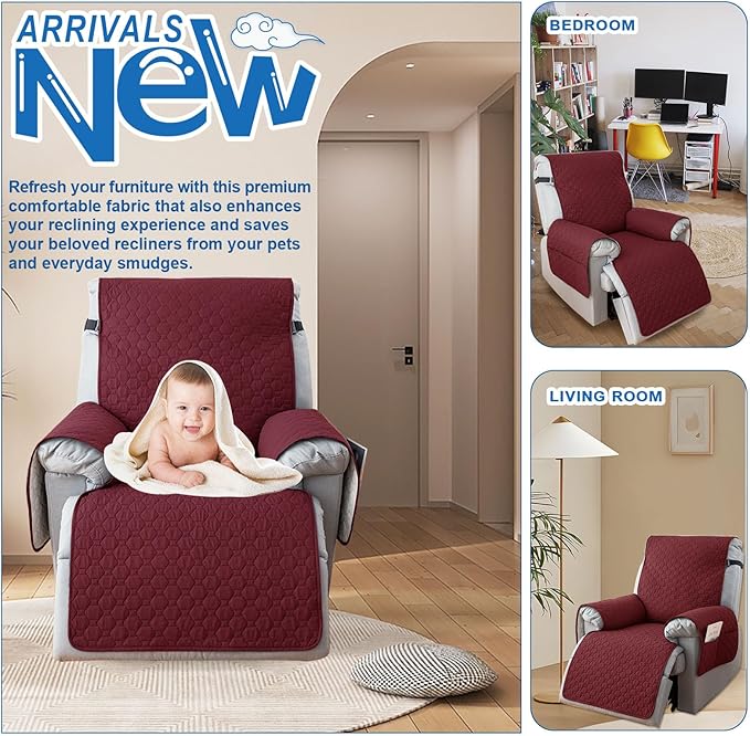 100% Waterproof Recliner Chair Covers That Stay in Place, Non-Slip Recliner Cover with 5 Pockets, Elastic Straps, Washable Reclining Chair Protector for Kids, Pets, Dogs, Red