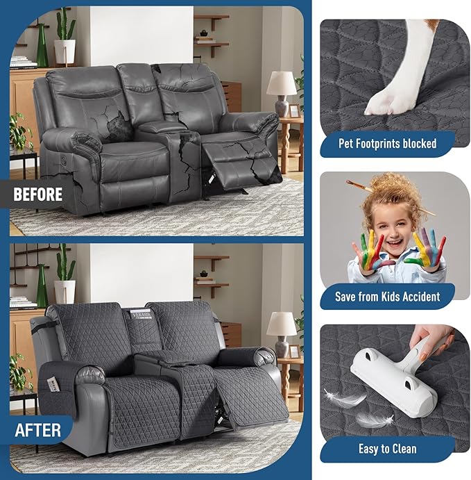 TAOCOCO 100% Waterproof Recliner Cover -Loveseat Recliner Cover with Center Console,Non-Slip Reclining Couch Covers for 2 Seat,with Elastic Straps Pocket for Kids, Dogs(Black Gray, 2 Seater XL)