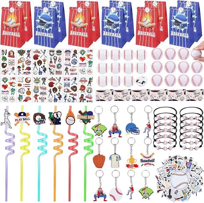 Gifts2U Baseball Party Favors Supplies, 146 Pcs Baseball Themed Goodie Bags Stuffers with Bracelets, Tattoos, Stickers, Mini Ball and Cars Toys, Gifts Bulk for Team Kids Birthday Party.
