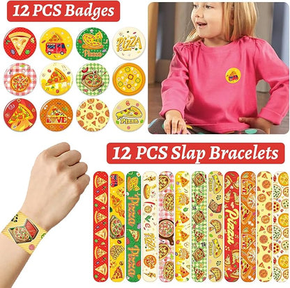 60 Pcs Pizza Party Favors Set Temporary Tattoos, Slap Bracelets, Keychains, Badges and Stickers for Pizza Themed Birthday Parties