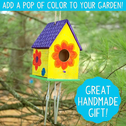 Made By Me Build & Paint Your Own Wooden Bird House Horizon Group USA, DIY Birdhouse Making Kit, Includes Paints, Brushes, Glue & Wind Chimes, Multicolor (46090F)