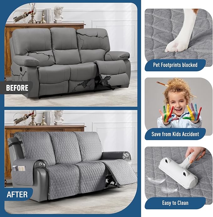 TAOCOCO 100% Waterproof Recliner Sofa Cover-Non Slip Split Couch Covers for Reclining Couches with Elastic Straps,Couch Covers for 3 Cushion Couch Sofa Pet Friendly(Light Gray, 3 Seater)