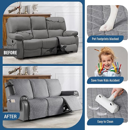 TAOCOCO 100% Waterproof Recliner Sofa Cover-Non Slip Split Couch Covers for Reclining Couches with Elastic Straps,Couch Covers for 3 Cushion Couch Sofa Pet Friendly(Light Gray, 3 Seater)