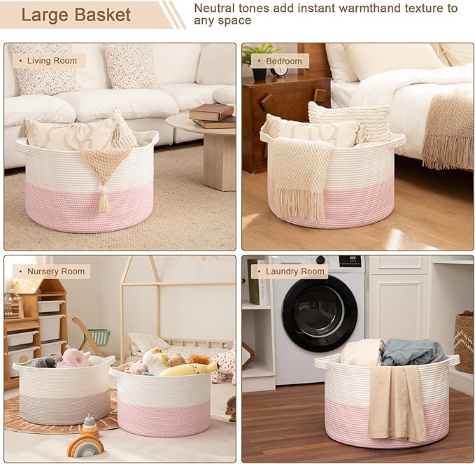 OIAHOMY 115L Extra Large Blanket Basket, 23.6" x 15.4" Woven Cotton Rope Laundry Basket for Organizing Pillows, Decorative Stuffed Animal Toy Storage Bin for Nursery, White and Pink