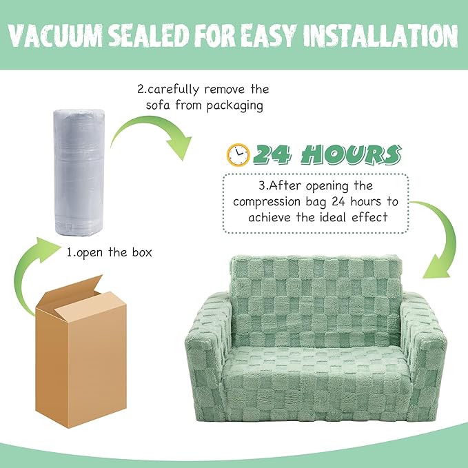 Kids Sofa, Toddler Chair, 2-in-1 Flannel Kids Fold Out Couch, Toddler Convertible Sofa to Lounger, Flip Open Toddler Couch for Kids (Green)