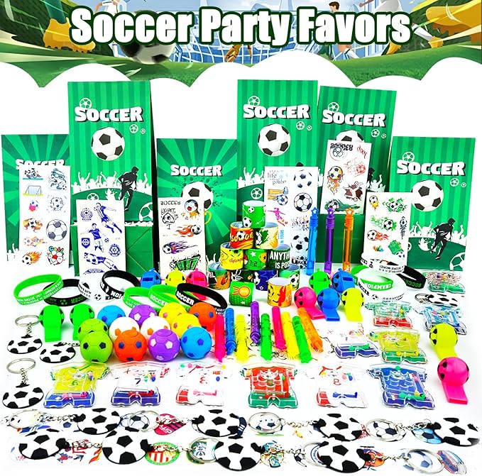 158Pcs Soccer Party Favors for Kids, Soccer Goodie Bag Stuffers Includ Rotatable Finger Stress Toys Whistles Bubble Wands Keychain Sticker for Birthday School Classroom Gifts Reward Prize