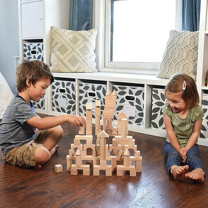 Pidoko Kids Wooden Blocks - 100 Pcs - Building Blocks for Toddlers - Includes Storage Container with Shape Sorter Lid - Natural Beech Wood Blocks - Preschool Learning Toys Stacking Block
