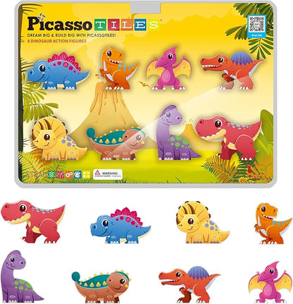 PicassoTiles Magnet Tiles Building Blocks 8 Dinosaur Magnetized Action Figures Compatible Magnetic Construction Build and Play Tile Accessory Toy STEAM Educational Learning Toys Kids Ages 3+ PTA23