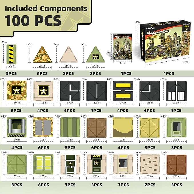 GobiDex 100 PCS Magnetic Tiles Army Toys for Boys, Magnetic Building Blocks Army Men Playset, STEM Learning Construction Toys for Toddlers Kids Ages 3-5 4-8, Birthday Gifts for Boys Girls 3+ Years Old