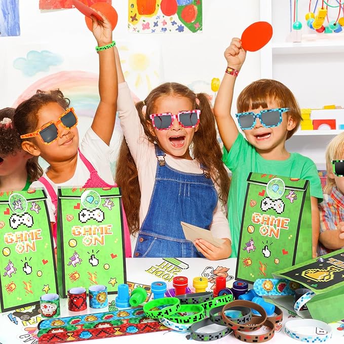 LiYiQ 122 Pcs Video Game Party Favors With Video Game Sunglasses Slap Bracelets Notebook Stamps Stickers and Gift Bag for Video Game Gamer Birthday Party Supplies
