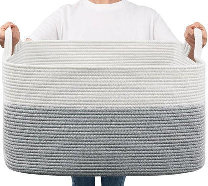 Goodpick Large Toy Storage Basket, Grey Cotton Rope Baskets Toy Storage Bin for Baby, Kids, Woven Storage Basket with Handle for Laundry, Living Room, Nursery, Bedroom, 21.6" x 14.9" x 11.8"
