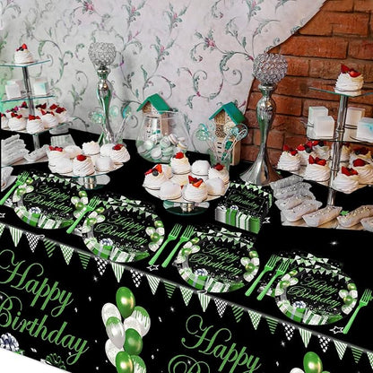 Green Happy Birthday Party Supplies Green Silver Black Party Tableware Includes Confetti Sprinkles Plates Napkins Fork and Green Birthday Tablecloth for Birthday Parties Decorations Set Serve 20
