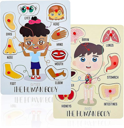 Blue Panda 2 Pack Educational Wood Peg Anatomy Puzzle Toys for Kids Game, Human Body Parts