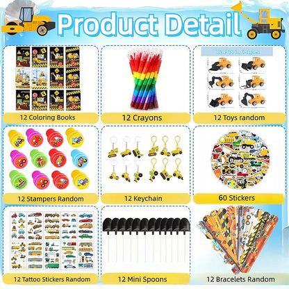 156Pcs Consrtuction Coloring Books with Crayons Bulk Truck Car Vehicle for Toddlers Kids 3-5 4-8 Tattoo Stickers Stamper Slap Bracelets School Classroom Gift Reward Goodie Bags Birthday Supplies