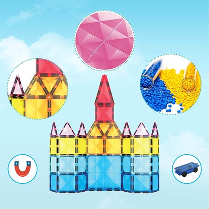 PicassoTiles 63 Piece Magnetic Building Block Construction Toy Set Diamond Magnet Tile Blocks with Car Truck STEM Learning Kit Early Education Builder Playset Toys for Children Toddler Boy Girl Age 3+