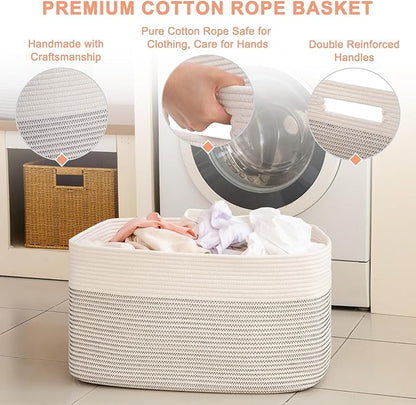 75L Large Cotton Rope Basket, Soft Toy Storage Bin for Nursery & Living Room, Decorative Blanket Basket for Bedroom, Baby-Safe Organizer for Pillows &Laundry, 22''×17''×12'', Black & White