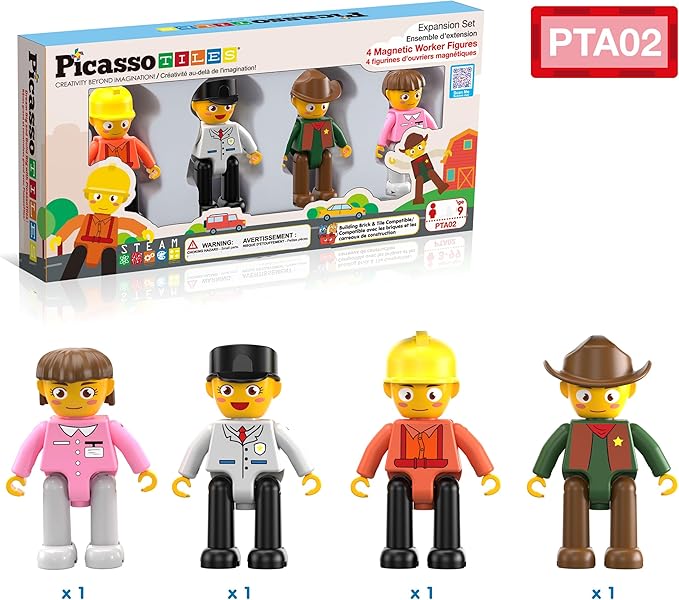 PicassoTiles Profession Character Action Figures Toddler Toy Set Pretend Play Magnet Expansion Pack Add-on STEM Construction Building Block Tile PTA02