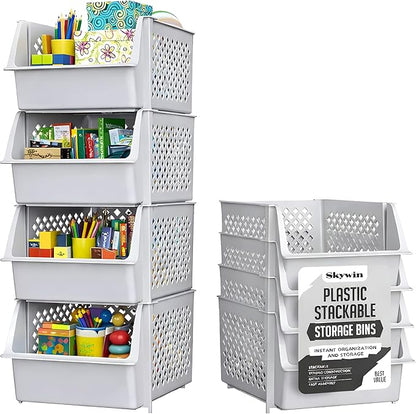 TidyFriend Stackable Storage Bins for Pantry, 4 Pack Stackable Bins For Organizing Food, Kitchen, and Bathroom Essentials (Light Grey)