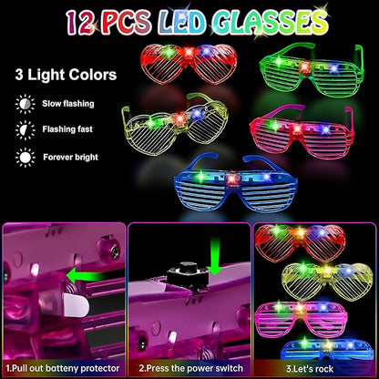 156 PCS Glow in the Dark Party Supplies, 12 Light Up Pop Tubes, 12 LED Glasses, 12 Light Up Headband, 20 Finger Lights and 100 Glow Sticks, Neon Party Favors for Glow Party, Birthday
