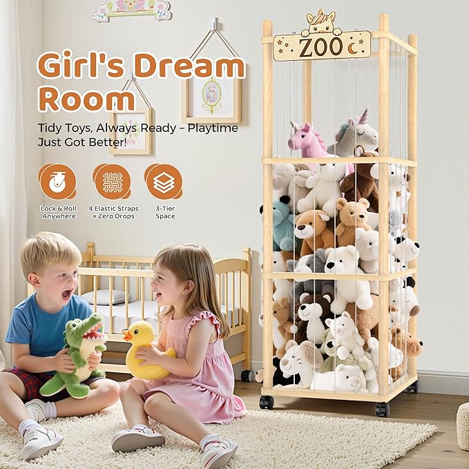 Stuffed Animal Storage Zoo Tower,56In Wooden Large Stuffed Animal Holder Organizer with Wheels,Stuffy Plushies Storage with Elastic Band&Mesh Bottom,Toy Storage Organizers for Playroom Bedroom Nursery